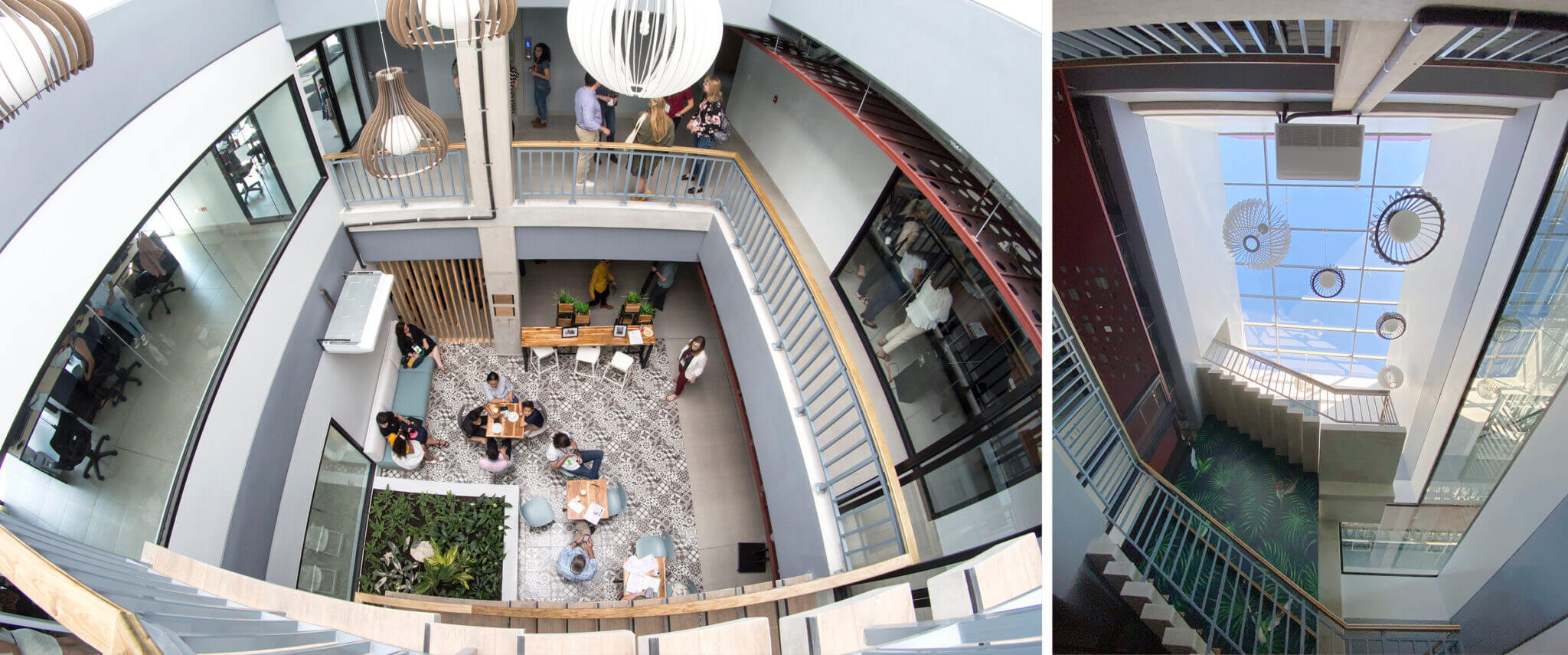 two renderings of the Association for a More Just Society foyer looking up and looking down