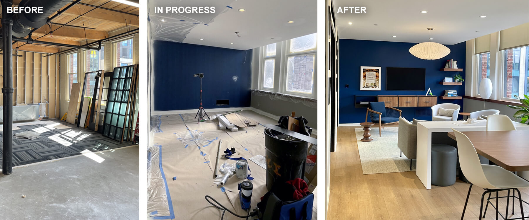 before, in progress, and after of the interior blue wall update in the Victory room at AMDG