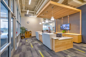 school office with oak wood design and bright lights