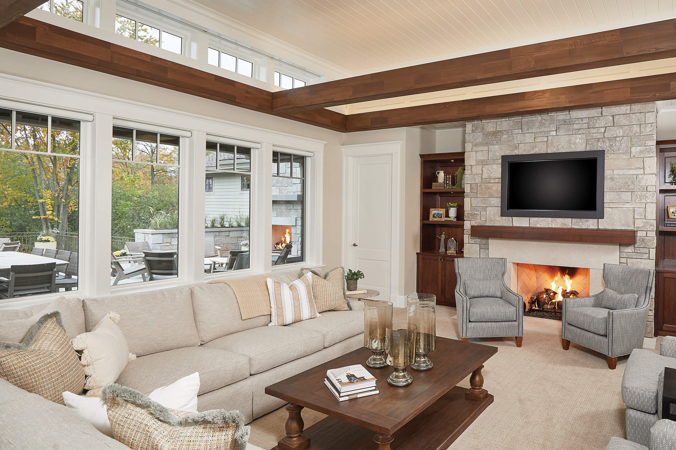 residential home interior inside the seating area with a fireplace