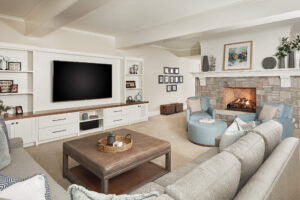 residential family home seating area with TV and fireplace