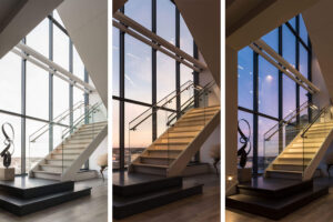 residential urban penthouse three views of the staircase in different lighting