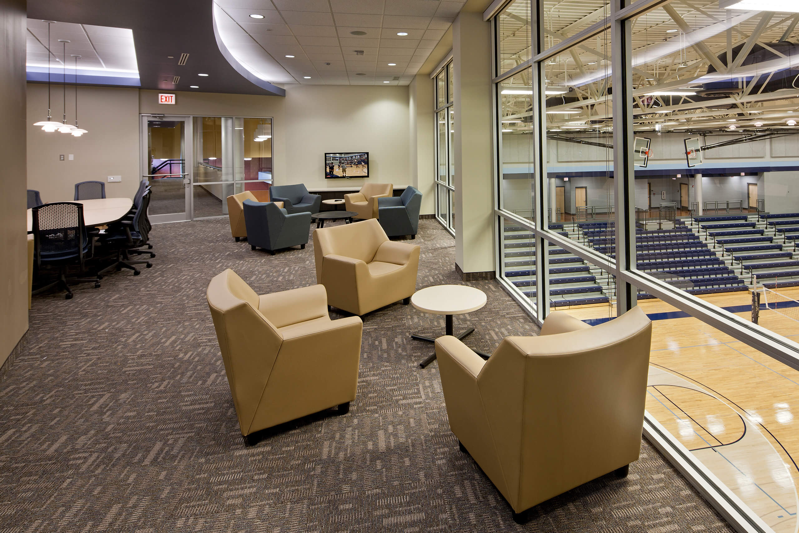 Lounge area that overlook the basketball court at Trinity Christian College Athletic and Recreation Center