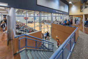 View from the hallway looking to the basketball court at Trinity Christian College Athletic and Recreation Center