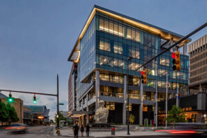 exterior city view showcasing a modern glass office building downtown Grand Rapids