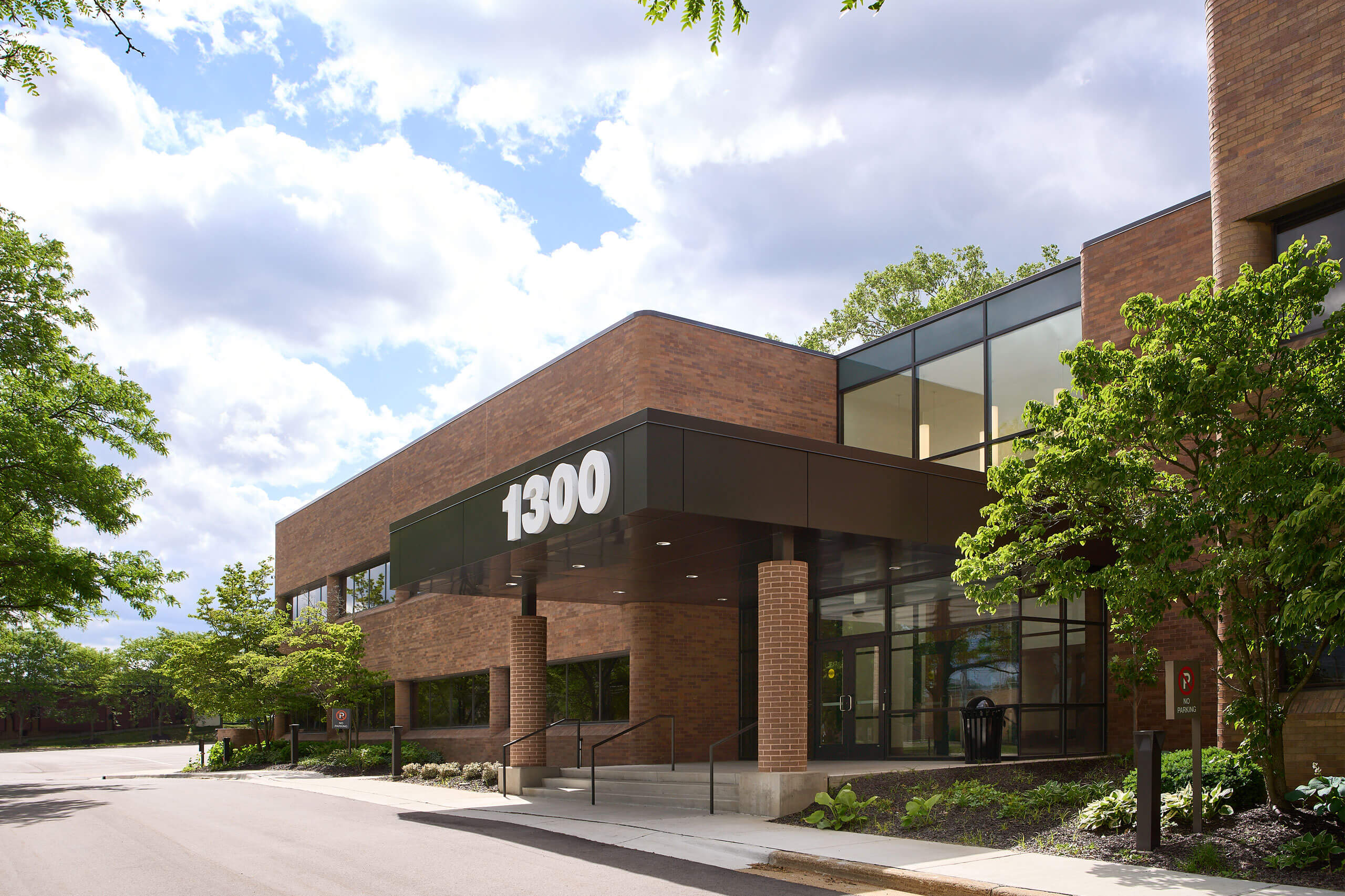 exterior facade of an updated brick office building