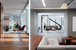 two photos - the left of a glass-walled office at the end of a hallway and the right of a casual workspace with glass wall and a couched workspace in the foreground