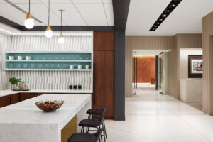 kitchenette with thick marble waterfall counter located off a hallway