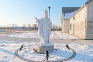 St. John Paul II Catholic Parish exterior white statue of the Pope