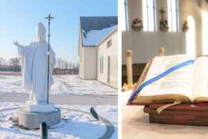 St. John Paul II Catholic Parish exterior white statue of the Pope