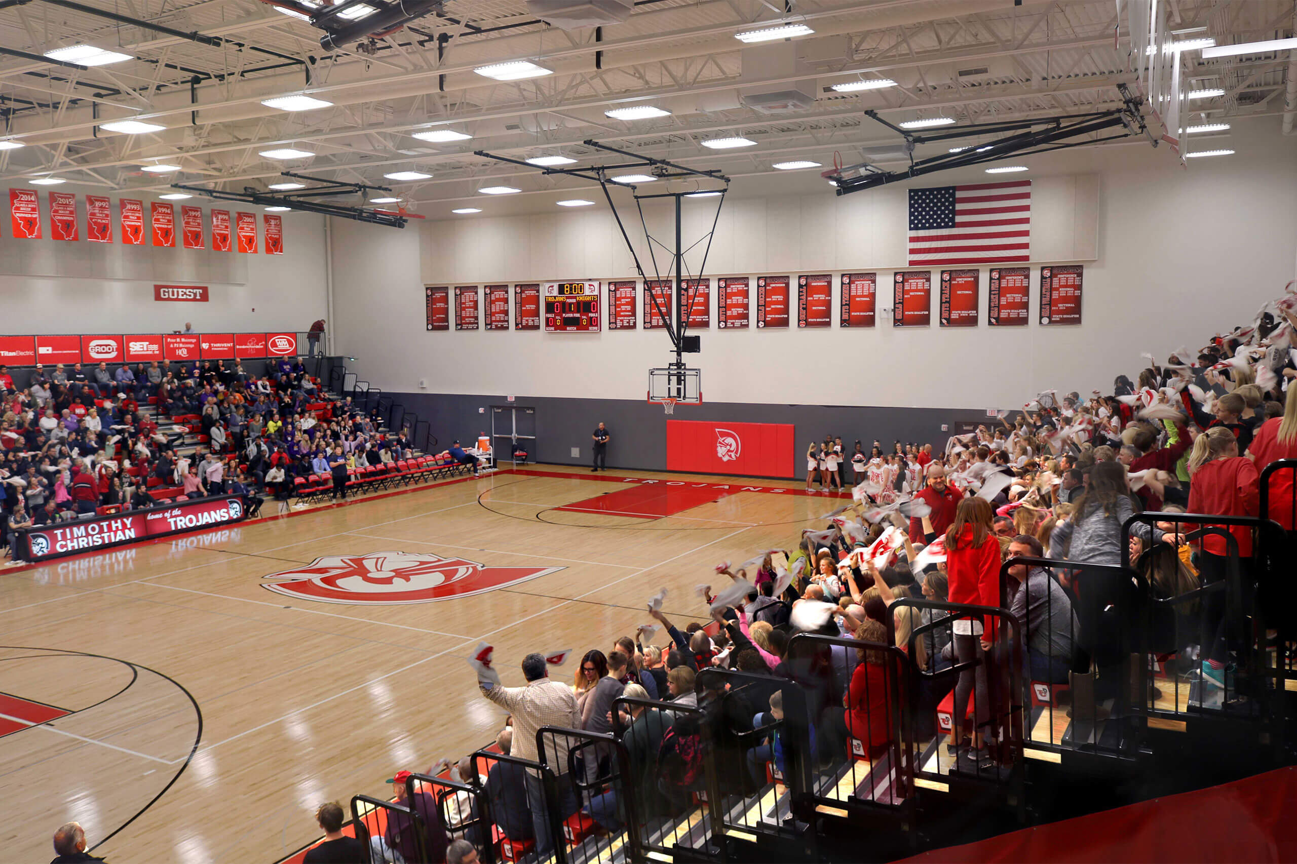 Full bleachers in the Timothy Christian Middle School gym.