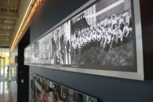 Grand Rapids Christian High School history wall in the hallway with black and white photos on the wall