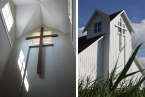 Good Shepherd Lutheran Church interior and exterior crosses