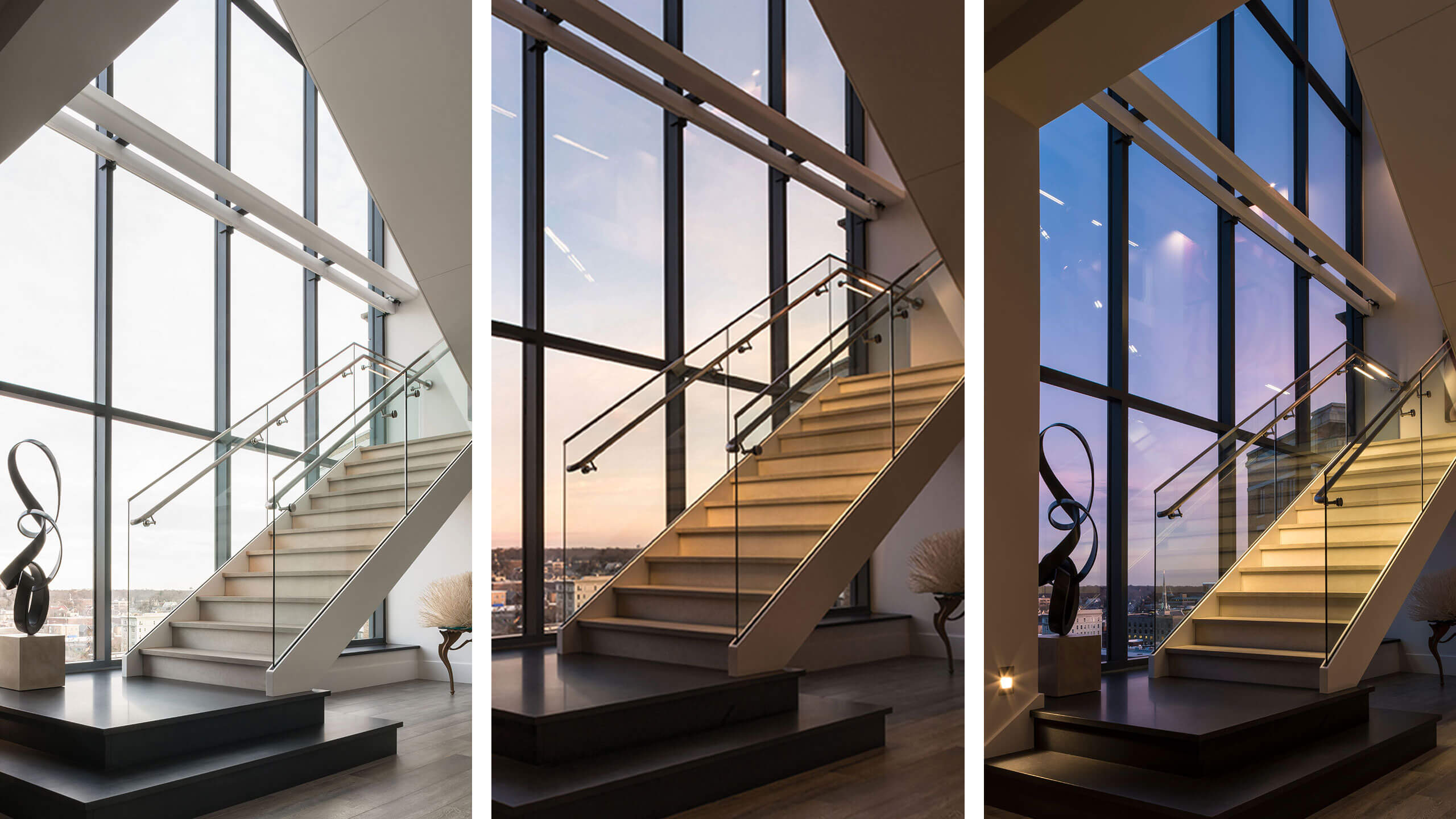 a triptych of a stair in front of a wall of windows during the day, dusk, and night