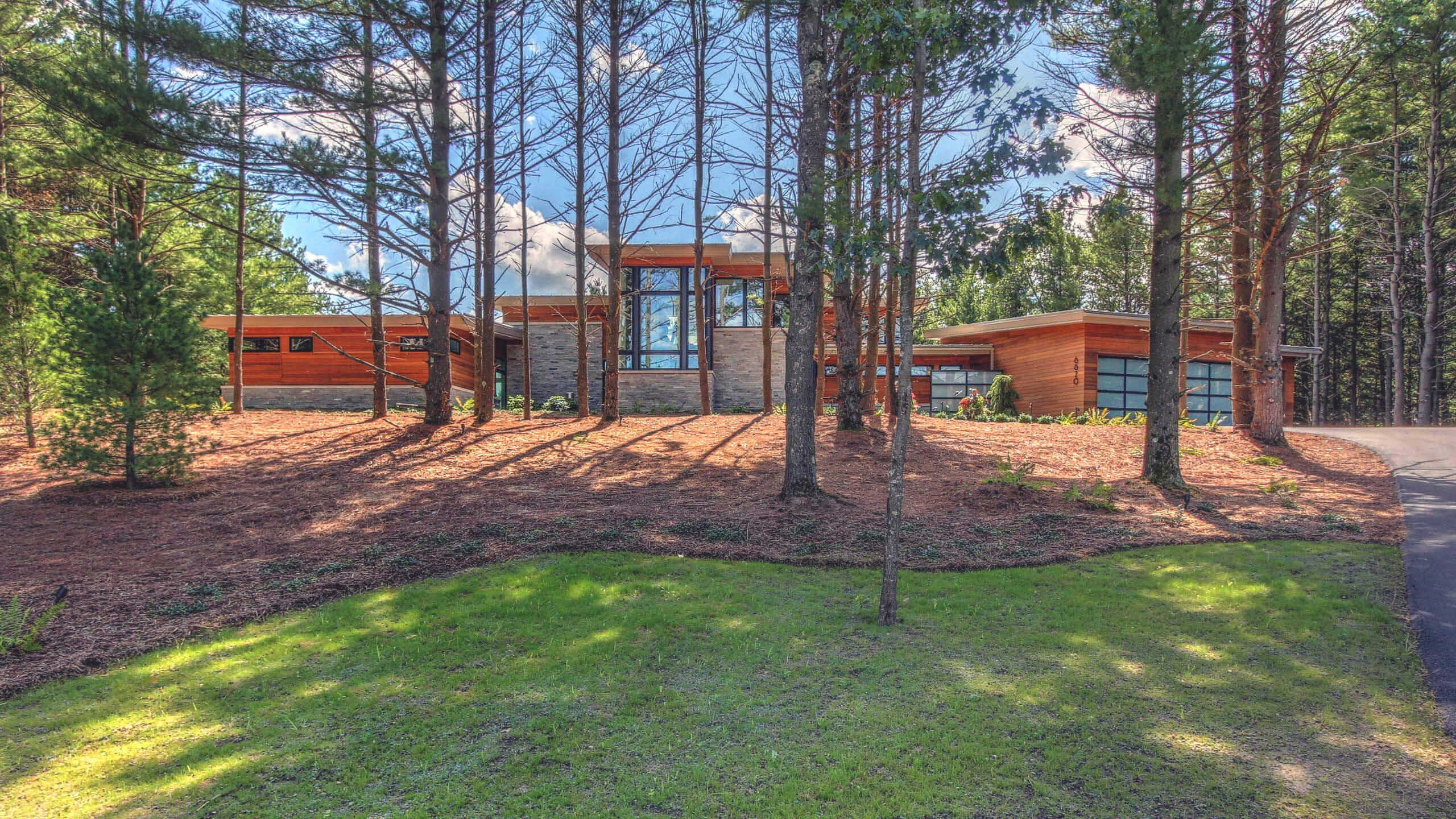 Modern style home set amongst pine trees