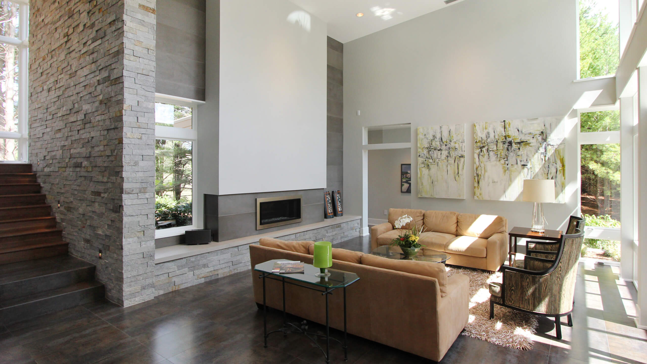 modern style living room with simple built-in fireplace