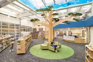 Ada Christian School library tree feature with acoustic canopy