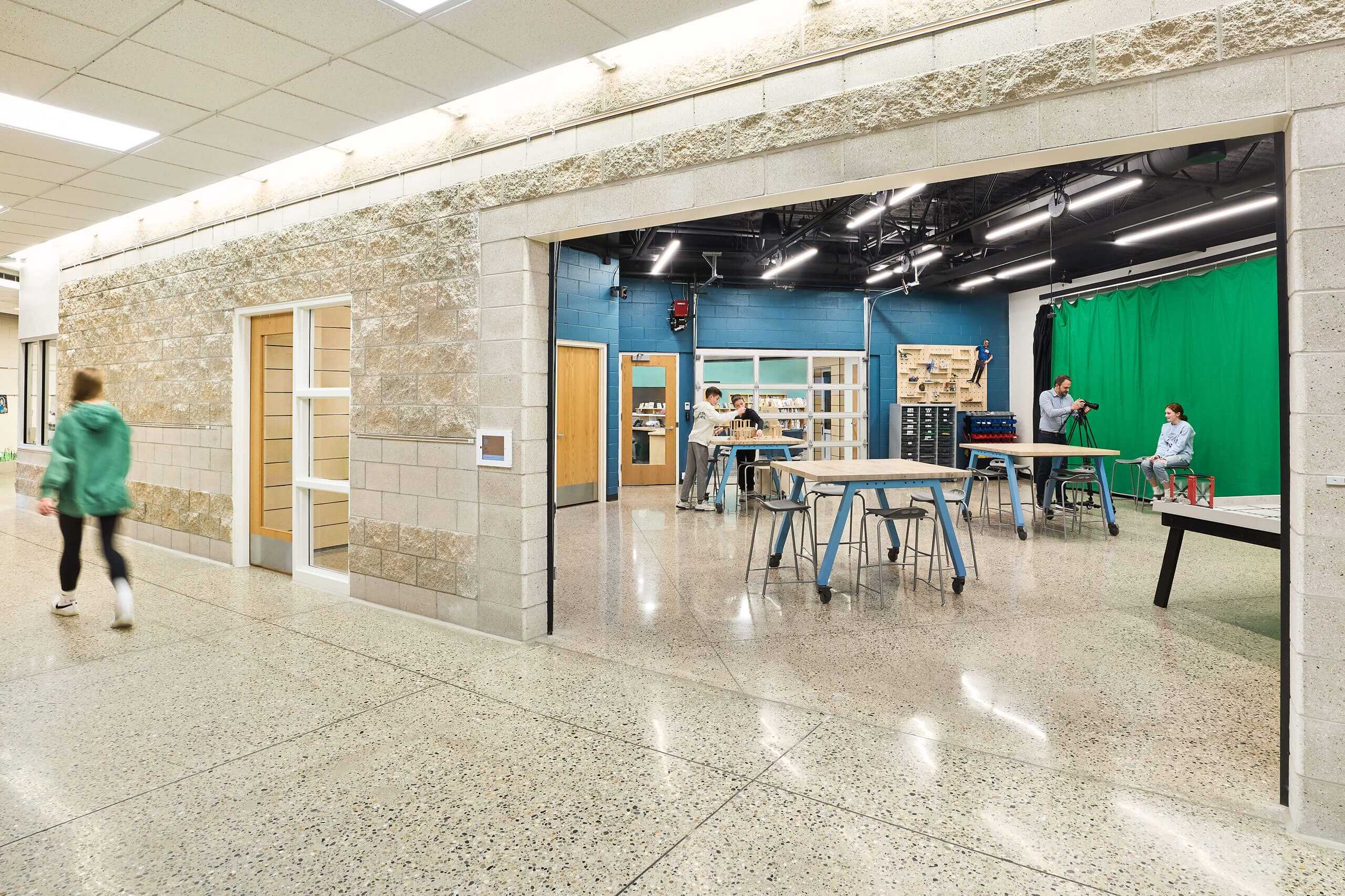 view of Ada Christian School maker space from hallway through overhead door