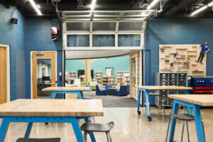 view into library space through overhead door in Ada Christian School maker space