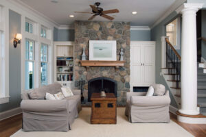 cozy seating around fireplace with built-ins