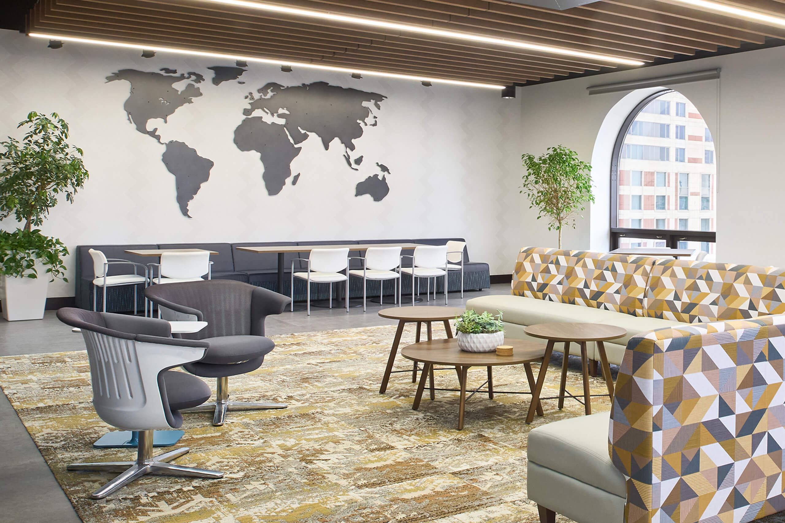 interior workspace with multiple seating types