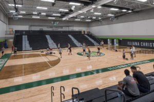 view overlooking a gymnasium with bleachers