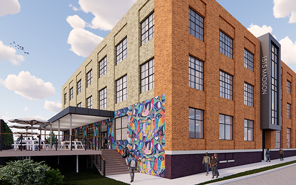 rendering of a brick 3-story building with painted mural
